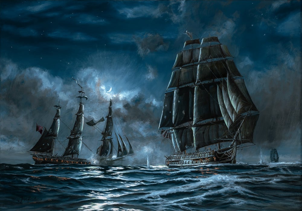 USS PRESIDENT v. HMS ENDYMION, off New York, Night of 15 January 1815 by Joseph Reindler