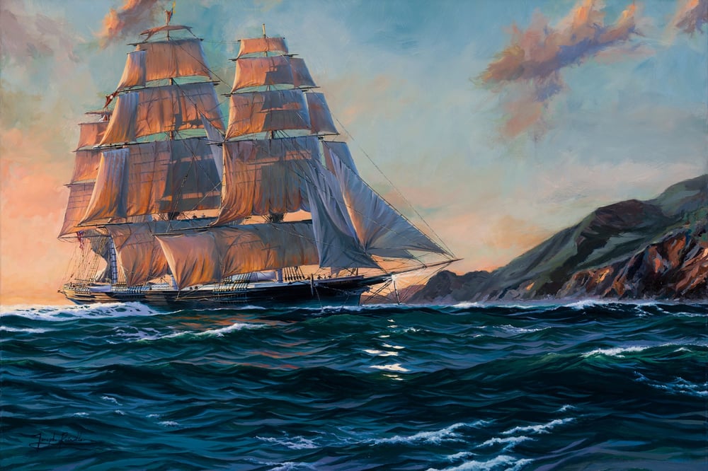 DUSK IN THE GOLDEN GATE NARROWS - ARRIVAL OF THE US CLIPPER FLYING CLOUD by Joseph Reindler