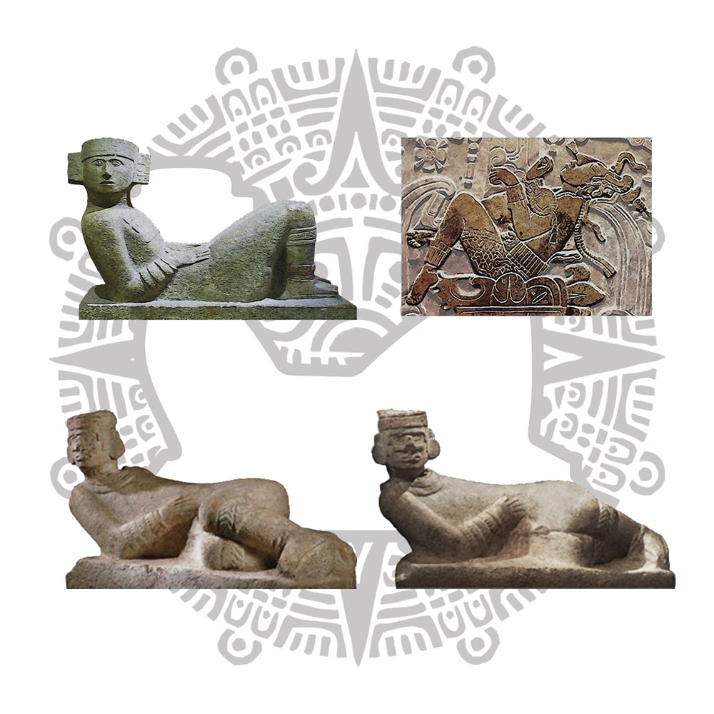  Postura del Chilam, erroneamente conocida como Chakmol, esculturas y relieve mayas.