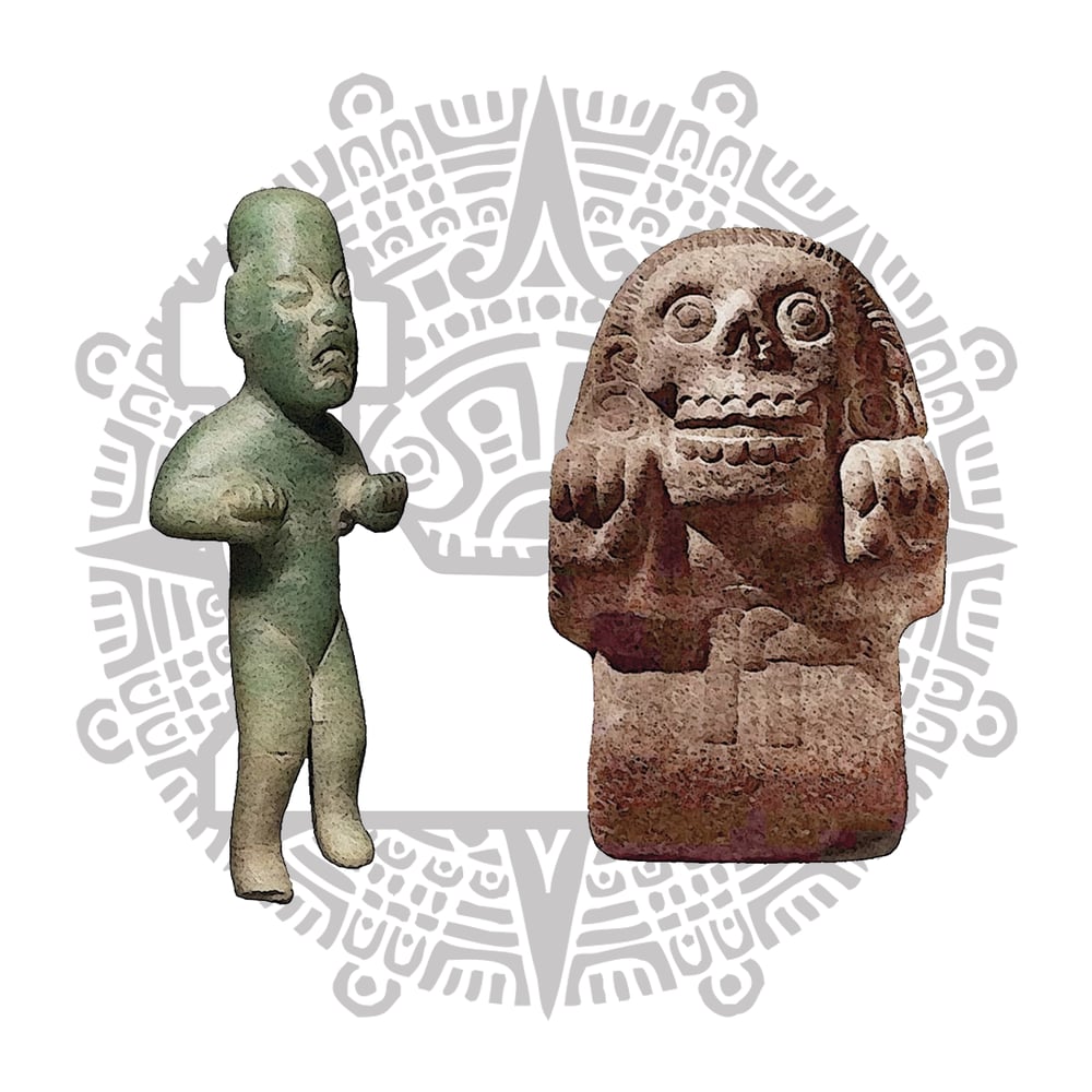 Gesto del Ocelote, figurilla olmeca y escultura mexica.