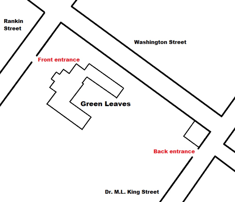 Map of Green Leaves showing the front and back entrances.