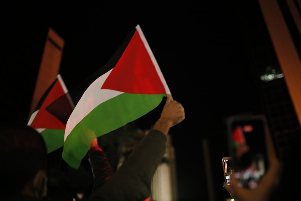 Photo of people's hands waving Palestinian flags. Photo by Ömer Yıldız (fotomuhabiriomer).