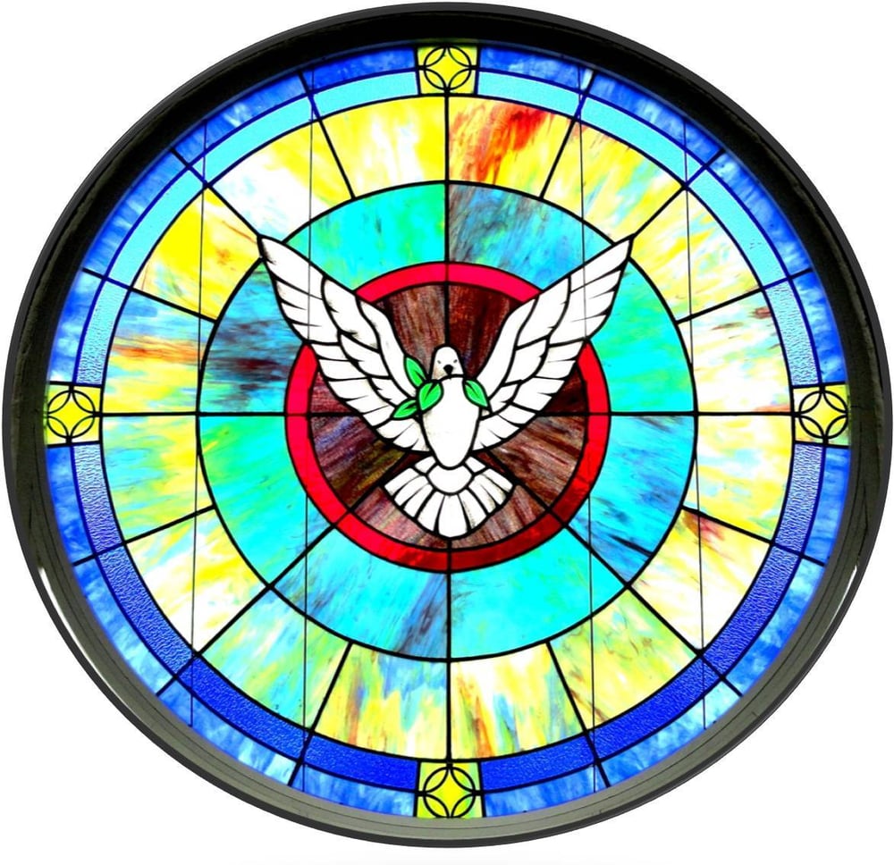 Round stained glass window with dove.