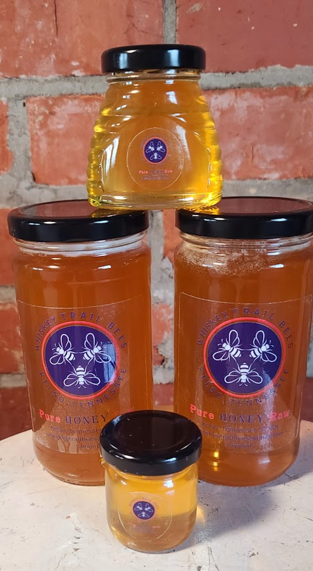 A collection of the various honey products that we sell