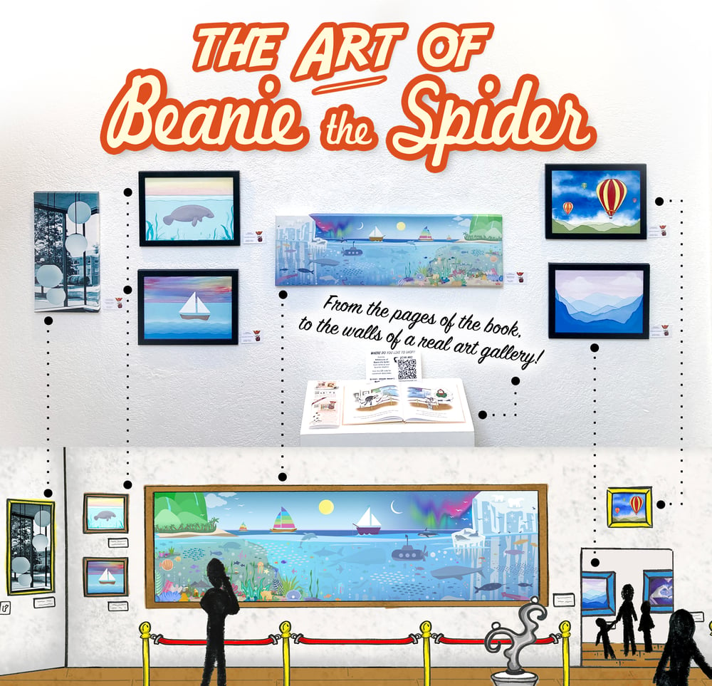 The art of Beanie the Spider art gallery, images in the book compared to the painting on the wall of physical gallery