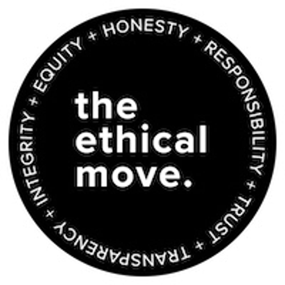 The Ethical Move logo in white on black, with values in a circle outline: Honesty, Responsibility, Trust, Transparency, Integrity, Equity. Links to theethicalmove.org