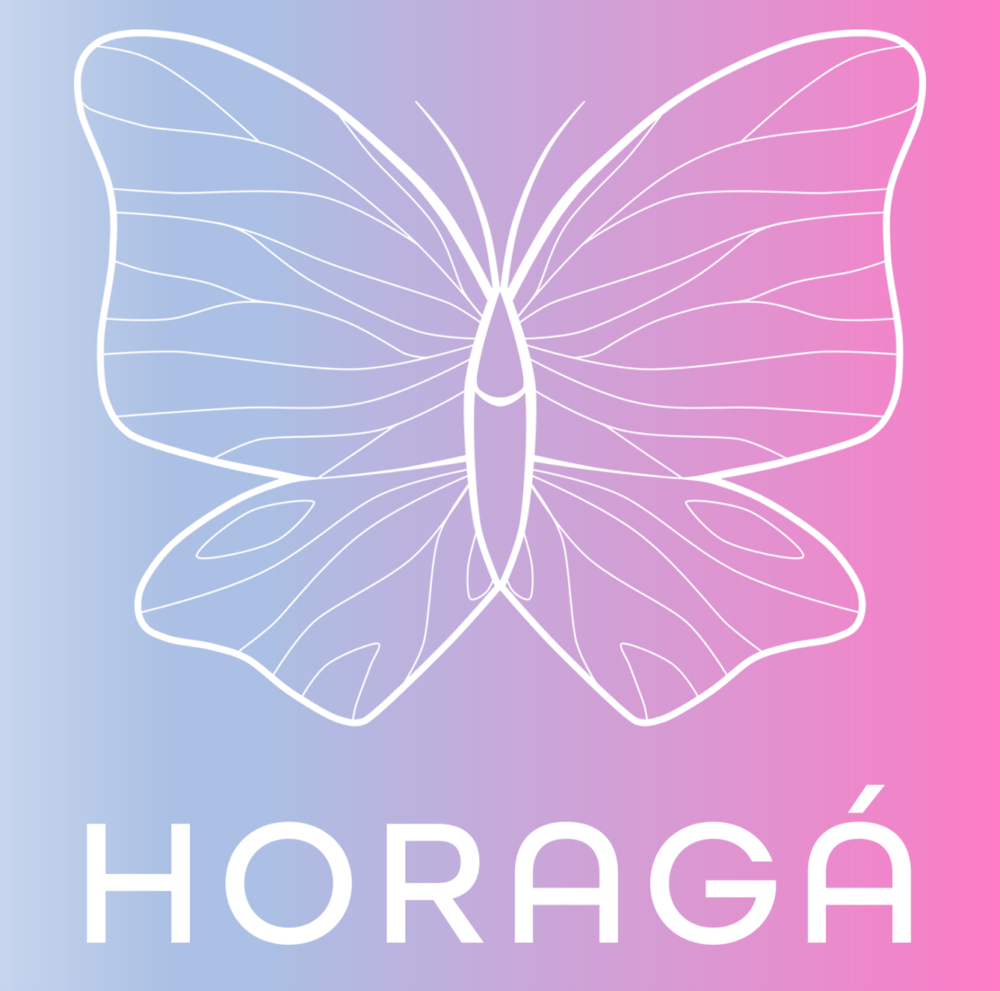 logotipo da horagá composto por uma borboleta branca sobre fundo degradé azul e rosa