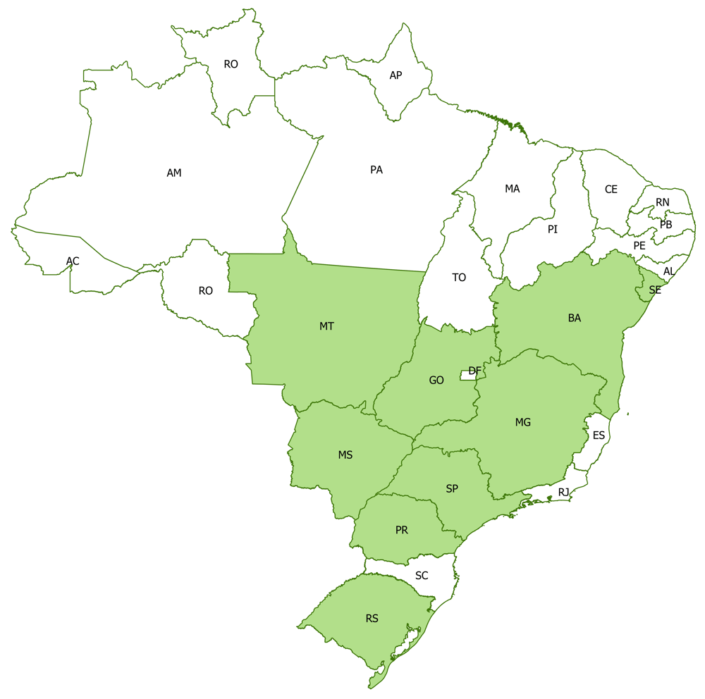 Mapa do Brasil com os estados que a Farm Atac presta serviços.