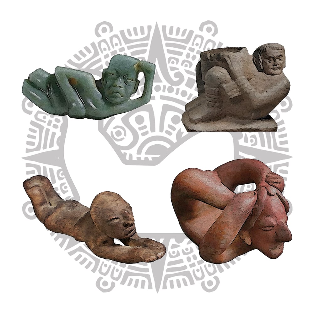 Posturas del Soñador, el Chakmol, la Serpiente y el Flechador, figurillas olmeca, maya, huasteca y de Colima.