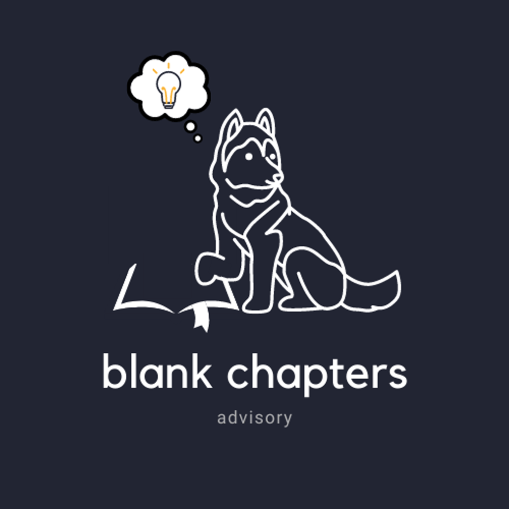 logo of blank chapters advisory, husky reading a book with a lightbulb overhead