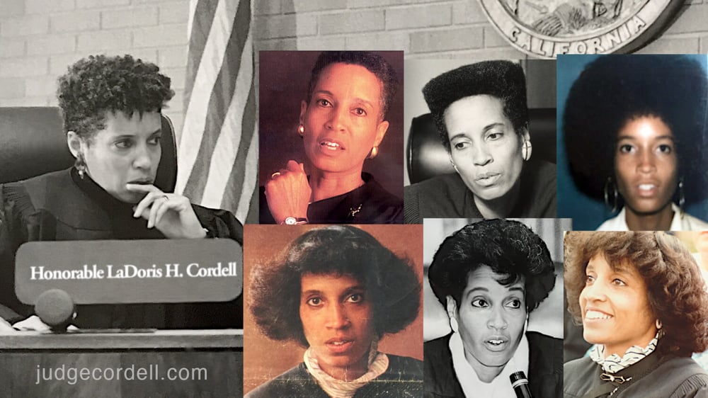 A collage of 7 Judge LaDoris Hazzard Cordell photos throughout her career as a Municipal and Superior Court judge; wearing judicial black robes in all. Hairstyles by name, by court, and by year. Clockwise starting on far left, then across the bottom row, then up to top row: a. Baby Dreadlocks, Superior Court, 1994; b. Just elected hair (short & straightened), Superior Court, 1988; c. Just appointed hair (long & straightened), Municipal Court, 1982; d. Short & natural, Superior Court, 1998; e. Investiture hair (short & straightened), Superior Court, 1989; f. Box (Grace Jones copied me!), Superior Court, 1999; g. Magazine photo hair (short & natural), Superior Court, 1997.
