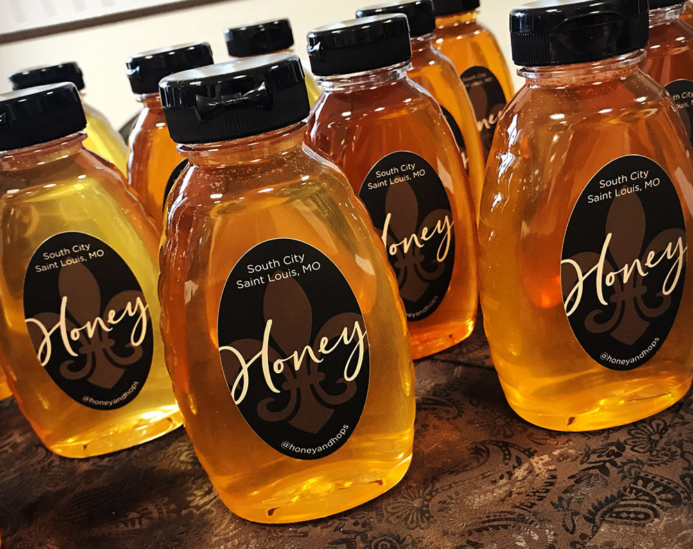 Honey bottles with labels.
